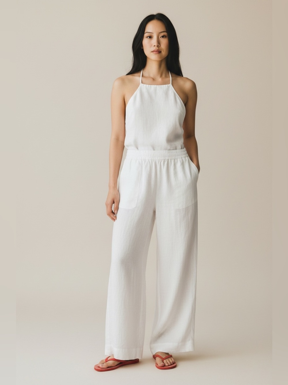 J.Crew White 100% Linen Lined Wide Leg Drawstring Pants Size XL